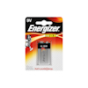 Förpackning med ett 9V Energizer Max-batteri, svart och silver i färg, med en tecknad batterikaraktär till vänster.