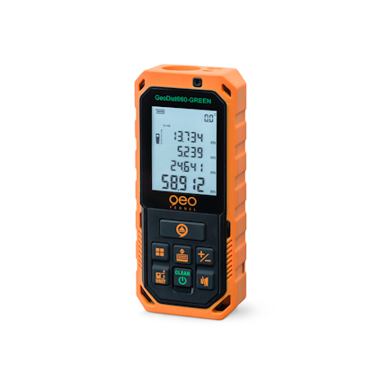 Orange avståndsmätare med display som visar olika mätvärden. Texten "GeoDist 60 GREEN" synlig högst upp.
