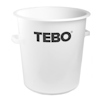 Vit blandningstunna med svarta bokstäver "TEBO" och handtag på sidorna.