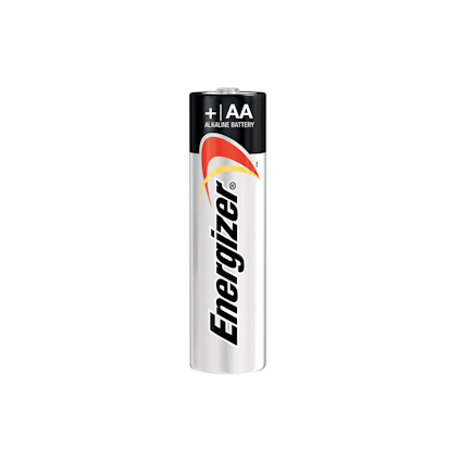 AA-batteri av märket Energizer, med svart och vit design samt röd och silver detaljer.