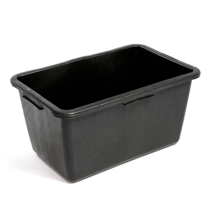 Rektangulär svart plastbalja med släta väggar och integrerade handtag på sidorna.