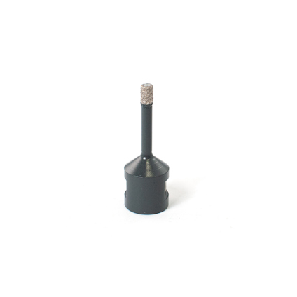 Svart diamantborr med en cylindrisk spets belagd med glittrande material.