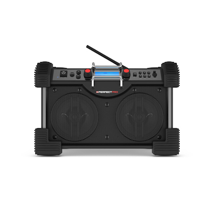 Svart byggarbetsradio med två högtalare, kraftiga kanter och ett handtag upptill.