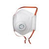 Vit dammfiltermask med ventil och orange elastiska band. Ord "AIR+" syns på ventilen.