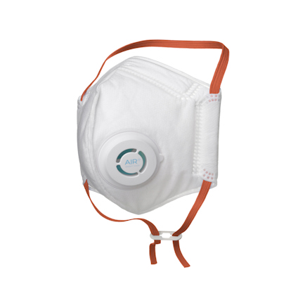 Vit dammfiltermask med ventil och orange elastiska band. Ord "AIR+" syns på ventilen.
