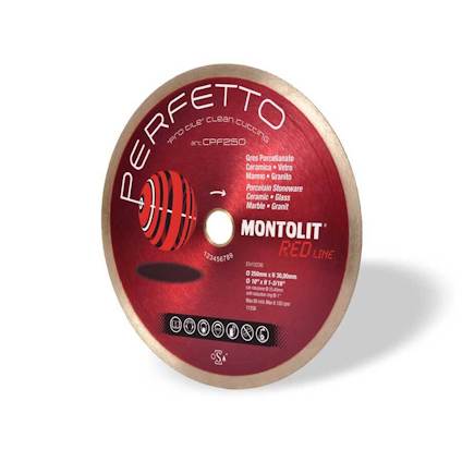 Röd rund diamantklinga med texten "PERFETTO MONTOLIT RED LINE" och andra specifikationer.