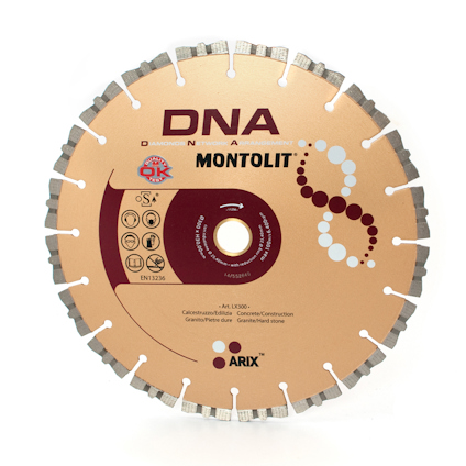 Diamantklinga med texten "DNA MONTOLIT" och granitdesign på ytan, inklusive olika certifieringssymboler.