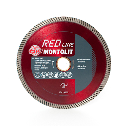 Röd diamantklinga med texten "RED LINE MONTOLIT" och olika symboler och specifikationer.