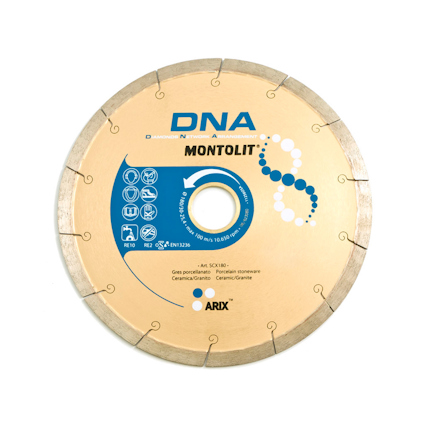 Rund diamantklinga med text "DNA Montolit" och flera symboler och teknisk information tryckt på ytan.