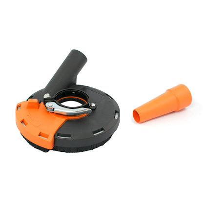 Dammutsug i svart och orange plast designat för vinkelslip, med avtagbart munstycke.