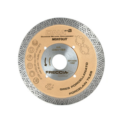 Diamantklinga med texten "DNA EVOS3", "MONTOLIT", "FRECCIA ORO" och "GRES PORCELLANATO PORCELAIN TILES".