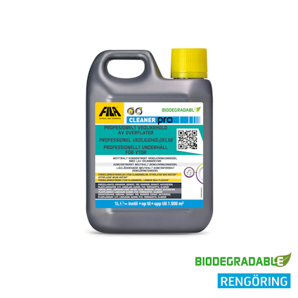 Plastflaska med gult lock och etikett med texten "FILA Cleaner Pro" och "Biodegradable".