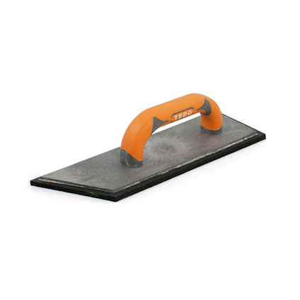 Fogplatta med metallbotten och orange handtag, märkt "TEBO".