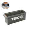 Rektangulär grå förvaringslåda med texten "TEBO" och en logotyp för "SWITCH SYSTEM" i övre vänstra hörnet.