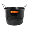 Svart plastbehållare med två handtag och orange text "TEBO" på sidan.