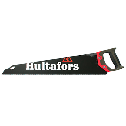 Svart handsåg med rött och svart handtag, märkt med "Hultafors" i vitt.