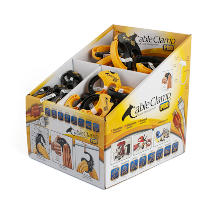 Kabelklämmor i olika storlekar i en displaylåda märkt "Cable Clamp PRO", med illustrationer av användningsområden.