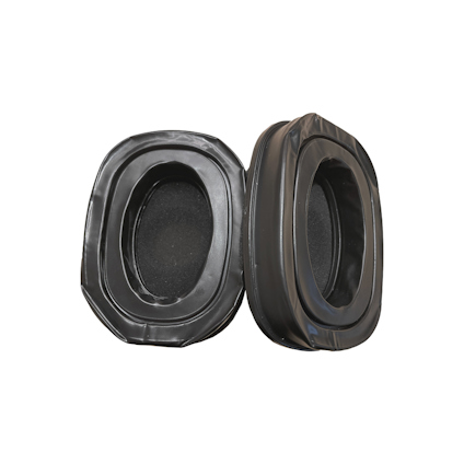 Svarta, ovala öronkuddar i silikon med en slät yta och mjuk insida.