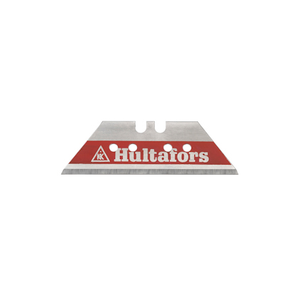 Rektangulärt knivblad av metall med en röd markering och texten "Hultafors" i vitt.