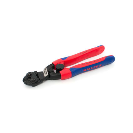 Tång med rött och blått handtag, svart käft, märkt "Knipex".