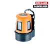 Orange 3-linjelaser med röd laser, monterad på ett svart stöd. Text: "RÖD LASER 3-LINJELASER".