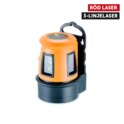 Orange 3-linjelaser med röd laser, monterad på ett svart stöd. Text: "RÖD LASER 3-LINJELASER".