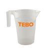 Transparent litermått med handtag och orange text "TEBO" på sidan.