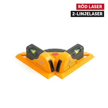 Orange vinkellaser med två linjelaser och vattenpass. Text: "RÖD LASER, 2-LINJELASER".