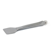 Metallverktyg med platt, rektangulär spade och smalt, böjt handtag.