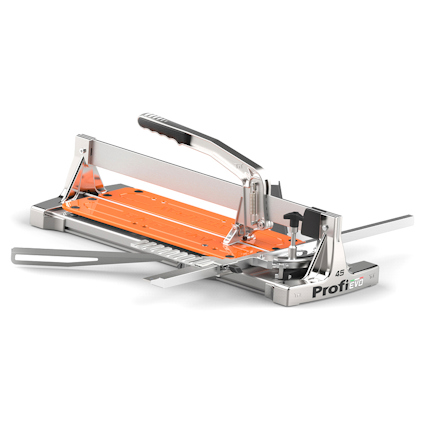 Manuell kakelskärare med orange skärplatta, metallstång och svart handtag.