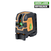 Grön laser med korslinjeprojicering, svart och orange hölje, märkning "Geo 1X GREEN", text "GRÖN LASER KRYSSLINJE" i övre hörnet.