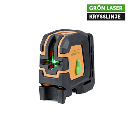 Grön laser med korslinjeprojicering, svart och orange hölje, märkning "Geo 1X GREEN", text "GRÖN LASER KRYSSLINJE" i övre hörnet.