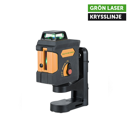 Grön laser med krysslinje och svart monteringsfäste mot vit bakgrund. Texten "GRÖN LASER KRYSSLINJE" i övre hörnet.