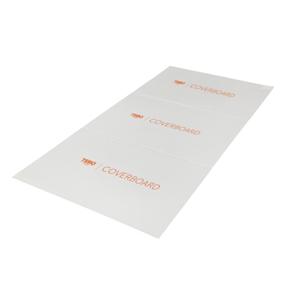Tre vita plastskivor med orange text "COVERBOARD" och "TERO".
