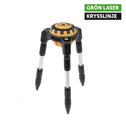 Grön laser med trestativsbas, text "GRÖN LASER KRYSSLINJE" i övre hörnet.