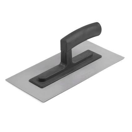 Grå plastglättare med svart handtag i centrum på en vit bakgrund.