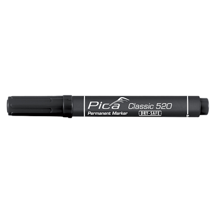 Svart permanent märkpenna med vit text som lyder "Pica Classic 520 Permanent Marker DRY-SAFE".