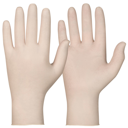 Latexhandskar i storlek L, två stycken bredvid varandra med handflatan uppåt.
