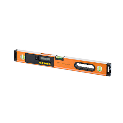 Orange digital lutningsmätare med handtag, vattenpass och display i mitten.