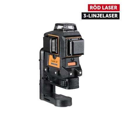 Svart och orange 3-linjelaser med röd text i övre högra hörnet: "RÖD LASER 3-LINJELASER".