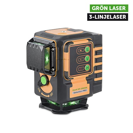 Grön och orange 3-linjelaser med display och knappar på sidan, monterad på en justerbar bas. Text: "Grön laser 3-linjelaser".