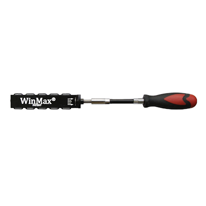 Verktyg med svart rektangulärt huvud märkt "WinMax", rött och svart handtag.
