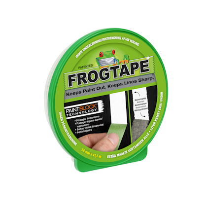 Grön rund förpackning med texten "FROGTAPE" och "Keeps Paint Out. Keeps Lines Sharp."