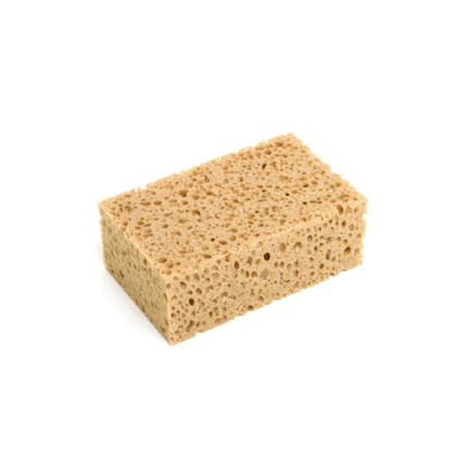 Brun rektangulär svamp med porös yta mot vit bakgrund.