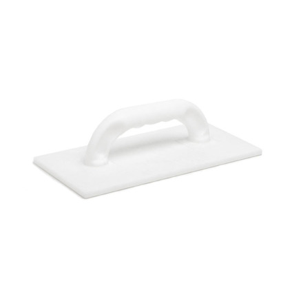 Vit polystyrol rivbräda med handtag placerad på ett vitt underlag.
