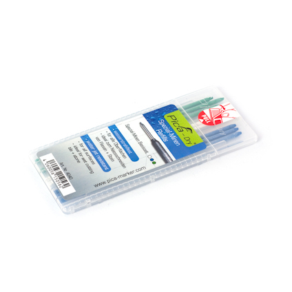 Transparent plastlåda med blå och grön märkpenna etikett, text "Refill Pica Dry" och streckkod synliga.