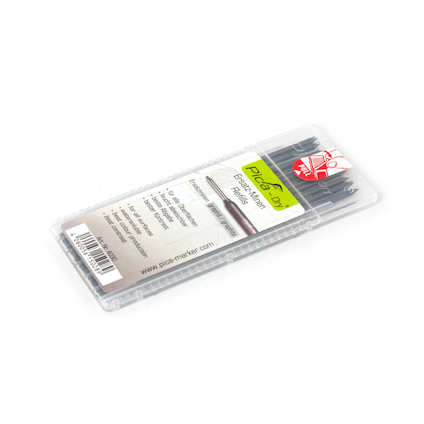 Transparent plastförpackning med blyertsrefill för Pica Dry, etikett med text och logotyp.