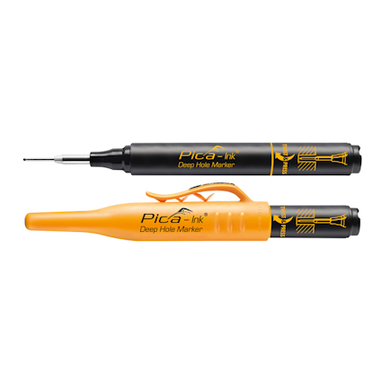Två djuphålsmarkörer, en svart och en gul, med texten "Pica-Ink Deep Hole Marker" och symboler på kroppen.