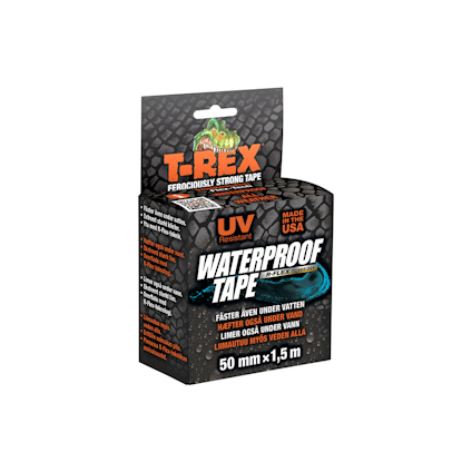 Förpackning för T-Rex vattentät tejp 50mm x 1,5m med orange text och dinosaurielogotyp.