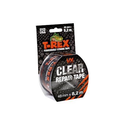 Förpackning med genomskinlig reparations-tejp, märket T-REX, med texten "CLEAR REPAIR TAPE" och "UV".